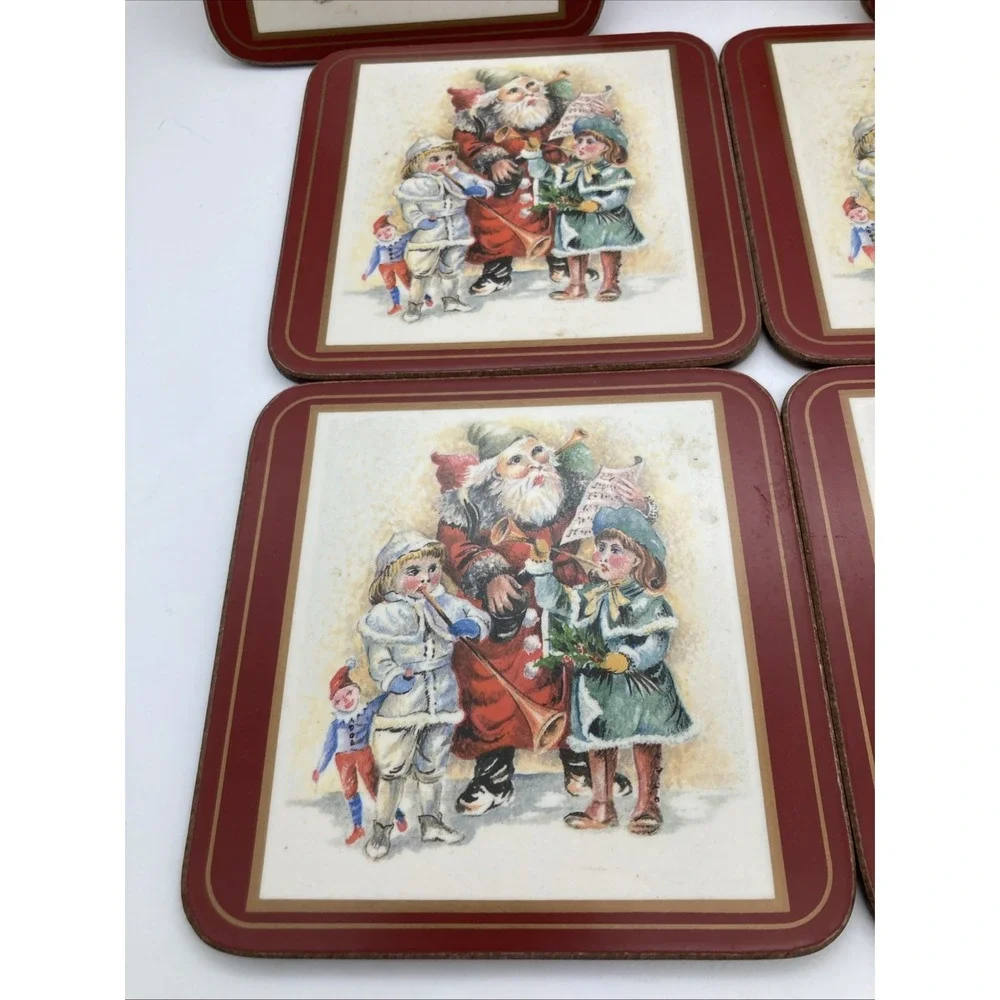 Vintage Set of 6 Pimpernel Father Christmas Coasters Cork Back Made England 4x4